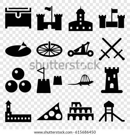 Ancient icons set. set of 16 ancient filled icons such as castle, Coliseum, chest, castle tower, sundial, dinosaur, catapult, canon ball
