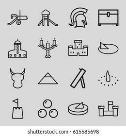 Ancient icons set. set of 16 ancient outline icons such as castle, pyramid, chest, candlestick, castle tower, sundial, knight, canon ball, cannon