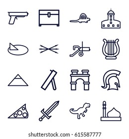 Ancient icons set. set of 16 ancient outline icons such as mosque, pyramid, castle, arch, chest, harp, sundial, dinosaur, knight, sword, arrow bow, cannon