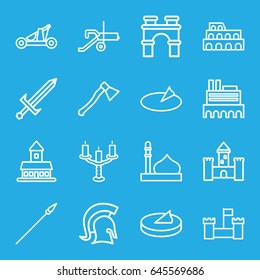 Ancient icons set. set of 16 ancient outline icons such as castle, mosque, coliseum, arch, candlestick, sundial, knight, sword, catapult, spear, axe weapon