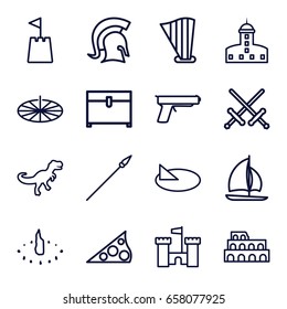 Ancient icons set. set of 16 ancient outline icons such as coliseum, castle, chest, harp, castle tower, sundial, dinosaur, knight, spear, gun, sailboat