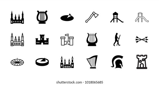 Ancient icons. set of 18 editable filled and outline ancient icons: castle, harp, caveman, sundial, knight, arrow bow