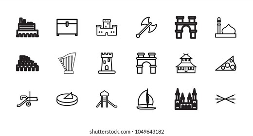 Ancient icons. set of 18 editable outline ancient icons: castle, mosque, arch, temple, chest, sailboat, sundial, arrow bow, axe weapon, cannon, coliseum