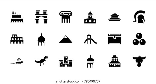 Ancient icons. set of 18 editable filled ancient icons: mosque, coliseum, pyramid, greek column, temple, chest, dinosaur, knight, canon ball, castle, arch