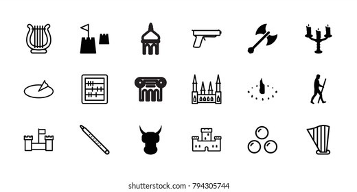 Ancient icons. set of 18 editable filled and outline ancient icons: helmet, candlestick, castle tower, caveman, sundial, axe weapon, castle, abacus, harp, musical pipe