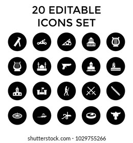 Ancient icons. set of 20 editable filled ancient icons such as castle, temple, sword, harp, caveman, sundial, dinosaur. best quality ancient elements in trendy style.