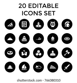 Ancient icons. set of 20 editable filled ancient icons such as pyramid, castle, temple, abacus, harp, sailboat, sundial, dinosaur, knight, sword, axe weapon, canon ball