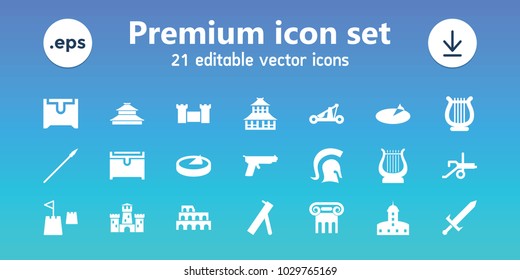 Ancient icons. set of 21 editable filled ancient icons includes coliseum, greek column, castle, temple, chest, harp, castle tower, sundial, knight, sword, catapult, spear