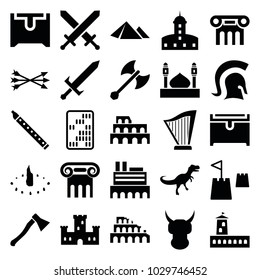 Ancient icons. set of 25 editable filled ancient icons such as castle, coliseum, greek column, chest, helmet, castle tower, sundial, dinosaur, knight, sword, arrow bow