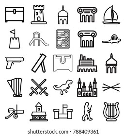 Ancient icons. set of 25 editable outline ancient icons such as castle, mosque, greek column, chest, sword, harp, sailboat, castle tower, caveman, dinosaur, arrow bow, cannon
