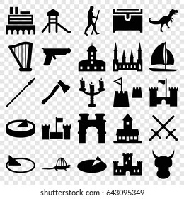 Ancient icons set. set of 25 ancient filled icons such as castle, arch, chest, harp, candlestick, sailboat, castle tower, caveman, sundial, dinosaur, spear, axe weapon, gun