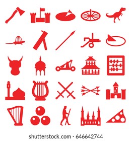 Ancient icons set. set of 25 ancient filled icons such as mosque, castle, temple, abacus, harp, caveman, sundial, dinosaur, arrow bow, catapult, spear, axe weapon, canon ball