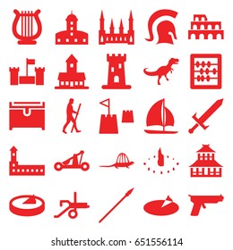 Ancient icons set. set of 25 ancient filled icons such as castle, coliseum, temple, chest, abacus, harp, sailboat, castle tower, caveman, sundial, dinosaur, knight, sword