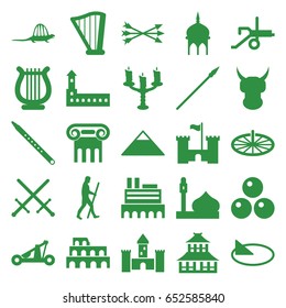 Ancient icons set. set of 25 ancient filled icons such as castle, mosque, coliseum, pyramid, greek column, temple, harp, musical pipe, candlestick, caveman, sundial, dinosaur