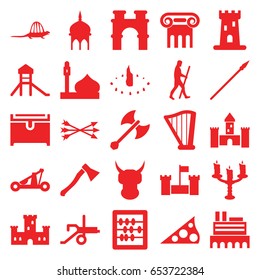 Ancient icons set. set of 25 ancient filled icons such as castle, mosque, greek column, arch, chest, abacus, harp, candlestick, caveman, sundial, dinosaur, arrow bow, catapult
