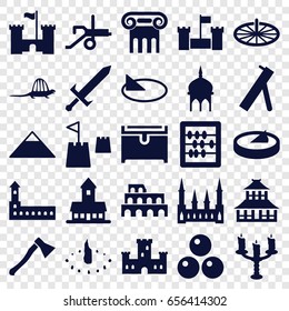 Ancient icons set. set of 25 ancient filled icons such as castle, mosque, coliseum, pyramid, greek column, temple, chest, abacus, candlestick, castle tower, sundial, dinosaur