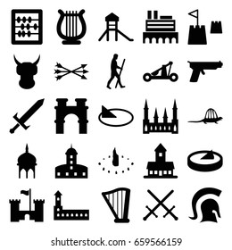 Ancient icons set. set of 25 ancient filled icons such as castle, mosque, arch, abacus, harp, castle tower, caveman, sundial, dinosaur, knight, sword, arrow bow, catapult, gun