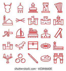 Ancient icons set. set of 25 ancient outline icons such as castle, mosque, arch, chest, harp, musical pipe, candlestick, sundial, dinosaur, arrow bow, canon ball, cannon