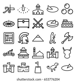 Ancient icons set. set of 25 ancient outline icons such as mosque, coliseum, castle, pyramid, temple, chest, abacus, castle tower, caveman, sundial, dinosaur, knight, catapult