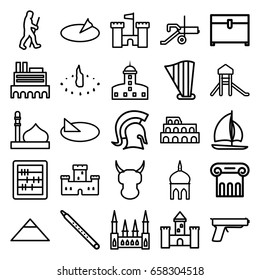 Ancient icons set. set of 25 ancient outline icons such as castle, mosque, coliseum, pyramid, greek column, chest, abacus, harp, musical pipe, caveman, sundial, knight, cannon