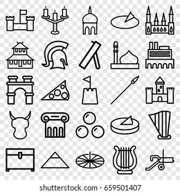 Ancient icons set. set of 25 ancient outline icons such as castle, mosque, pyramid, greek column, arch, temple, chest, harp, candlestick, castle tower, sundial, knight, spear