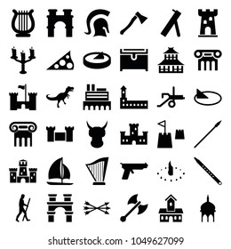 Ancient icons. set of 36 editable filled ancient icons such as castle, mosque, greek column, arch, temple, chest, helmet, musical pipe, harp, candlestick, sailboat