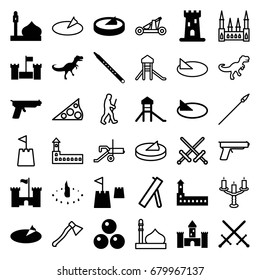 Ancient icons set. set of 36 ancient filled and outline icons such as castle, mosque, musical pipe, castle tower, sundial, dinosaur, canon ball, gun, candlestick, caveman