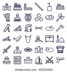 Ancient icons set. set of 36 ancient outline icons such as castle, mosque, coliseum, greek column, temple, chest, abacus, harp, musical pipe, castle tower, sundial, dinosaur