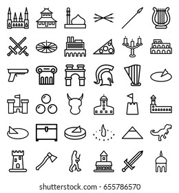 Ancient Icons Set. Set Of 36 Ancient Outline Icons Such As Castle, Mosque, Coliseum, Pyramid, Greek Column, Arch, Temple, Chest, Harp, Candlestick, Castle Tower, Caveman