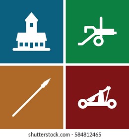 ancient icons set. Set of 4 ancient filled icons such as castle, catapult, spear