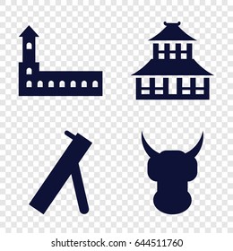 Ancient icons set. set of 4 ancient filled icons such as castle, temple, cannon