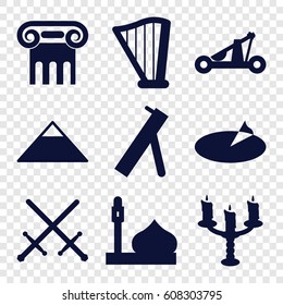 Ancient icons set. set of 9 ancient filled icons such as mosque, pyramid, Greek column, harp, candlestick, sundial, catapult, cannon