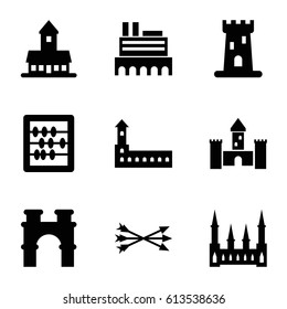 Ancient icons set. set of 9 ancient filled icons such as castle, arch, abacus