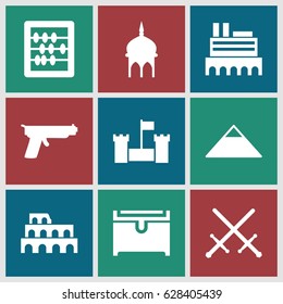 Ancient icons set. set of 9 ancient filled icons such as castle, mosque, Coliseum, pyramid, chest, abacus, gun