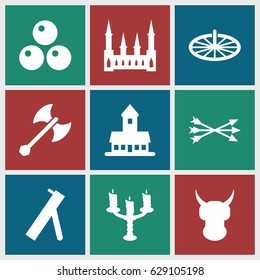Ancient icons set. set of 9 ancient filled icons such as castle, candlestick, sundial, arrow bow, axe weapon, canon ball, cannon