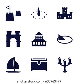 Ancient icons set. set of 9 ancient filled icons such as castle, arch, temple, chest, candlestick, sailboat, castle tower