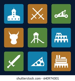 Ancient icons set. set of 9 ancient filled icons such as castle, coliseum, sundial, sword, catapult