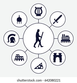 Ancient icons set. set of 9 ancient filled icons such as castle, mosque, coliseum, arch, harp, caveman, sundial, knight