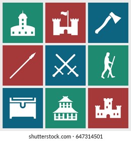 Ancient icons set. set of 9 ancient filled icons such as castle, temple, chest, caveman, spear, axe weapon