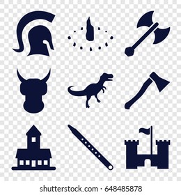 Ancient icons set. set of 9 ancient filled icons such as castle, musical pipe, sundial, dinosaur, knight, axe weapon