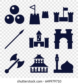 Ancient icons set. set of 9 ancient filled icons such as mosque, arch, temple, castle tower, axe weapon, spear, canon ball