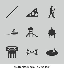 Ancient icons set. set of 9 ancient filled icons such as mosque, greek column, caveman, sundial, dinosaur, arrow bow, spear