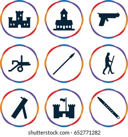 Ancient icons set. set of 9 ancient filled icons such as castle, musical pipe, caveman, spear, cannon