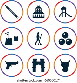 Ancient icons set. set of 9 ancient filled icons such as arch, temple, musical pipe, castle tower, caveman, cannon ball, gun, castle