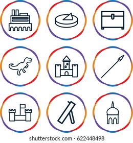 Ancient icons set. set of 9 ancient outline icons such as castle, mosque, chest, sundial, dinosaur, spear