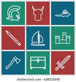 Ancient icons set. set of 9 ancient outline icons such as chest, musical pipe, dinosaur, knight, sword, axe weapon, sailboat, castle