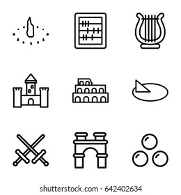 Ancient icons set. set of 9 ancient outline icons such as coliseum, arch, abacus, harp, sundial, canon ball, castle