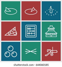 Ancient icons set. set of 9 ancient outline icons such as temple, abacus, sundial, arrow bow, canon ball