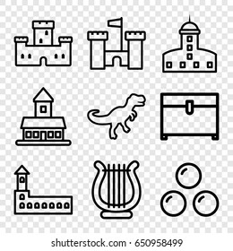 Ancient icons set. set of 9 ancient outline icons such as castle, chest, harp, dinosaur