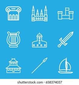 Ancient icons set. set of 9 ancient outline icons such as greek column, castle, temple, harp, sword, spear